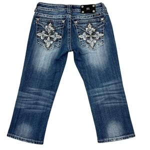 Miss Me Y2K Low-Rise Capri Jeans 29" Cross Flap Pockets Rhinestone McBling Retro
